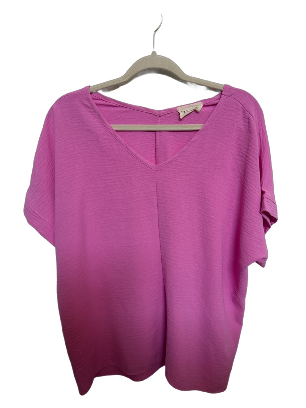Relaxed V-Neck Short Sleeve Top - Bright Pink